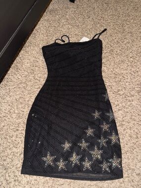 Black Star-Embellished Mini Dress with Spaghetti Straps